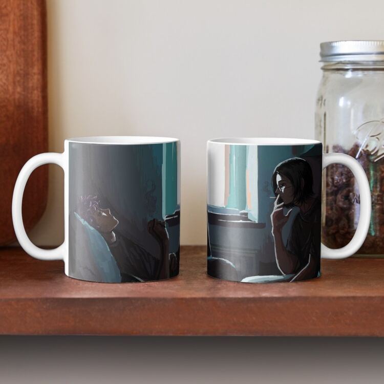 Two identical ceramic mugs displayed on a wooden shelf showing different parts of the wraparound Squid Game art