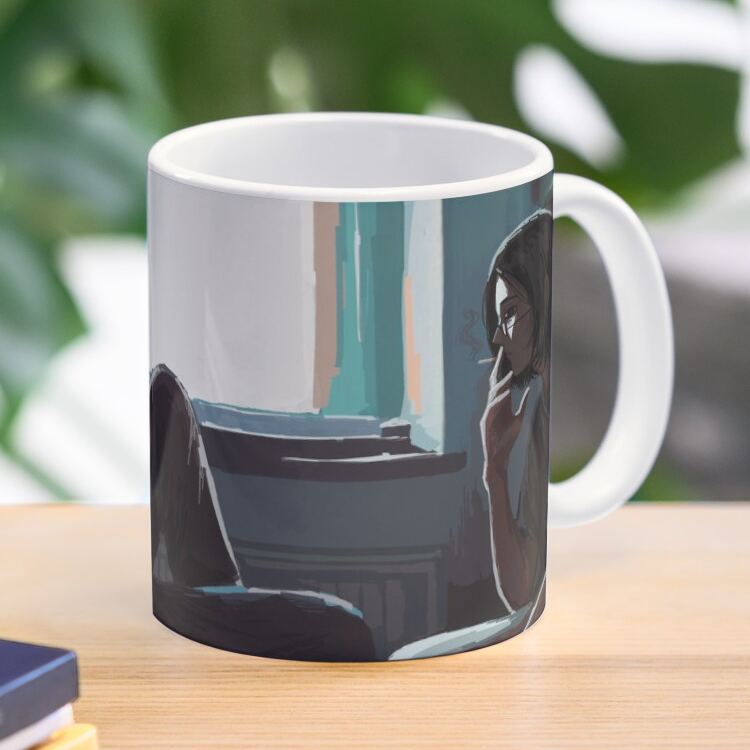 Close up of a ceramic mug with a wraparound design showing a character with glasses and a cigarette