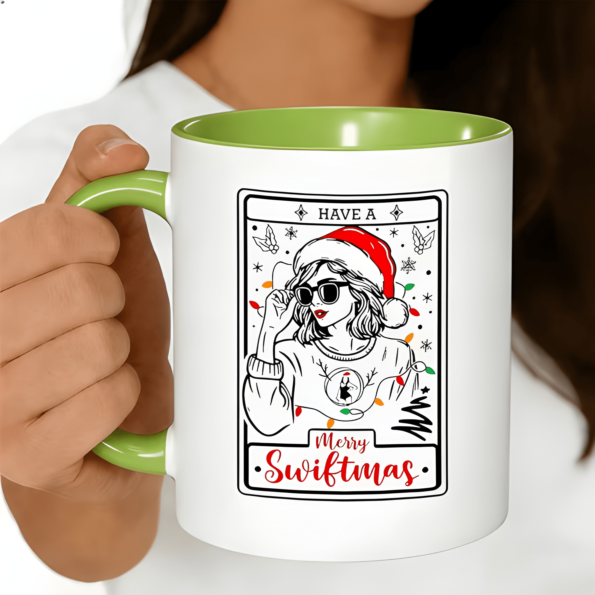 11oz Merry Swiftmas Ceramic Coffee Mug with Red Santa Hat Festive Lights Design