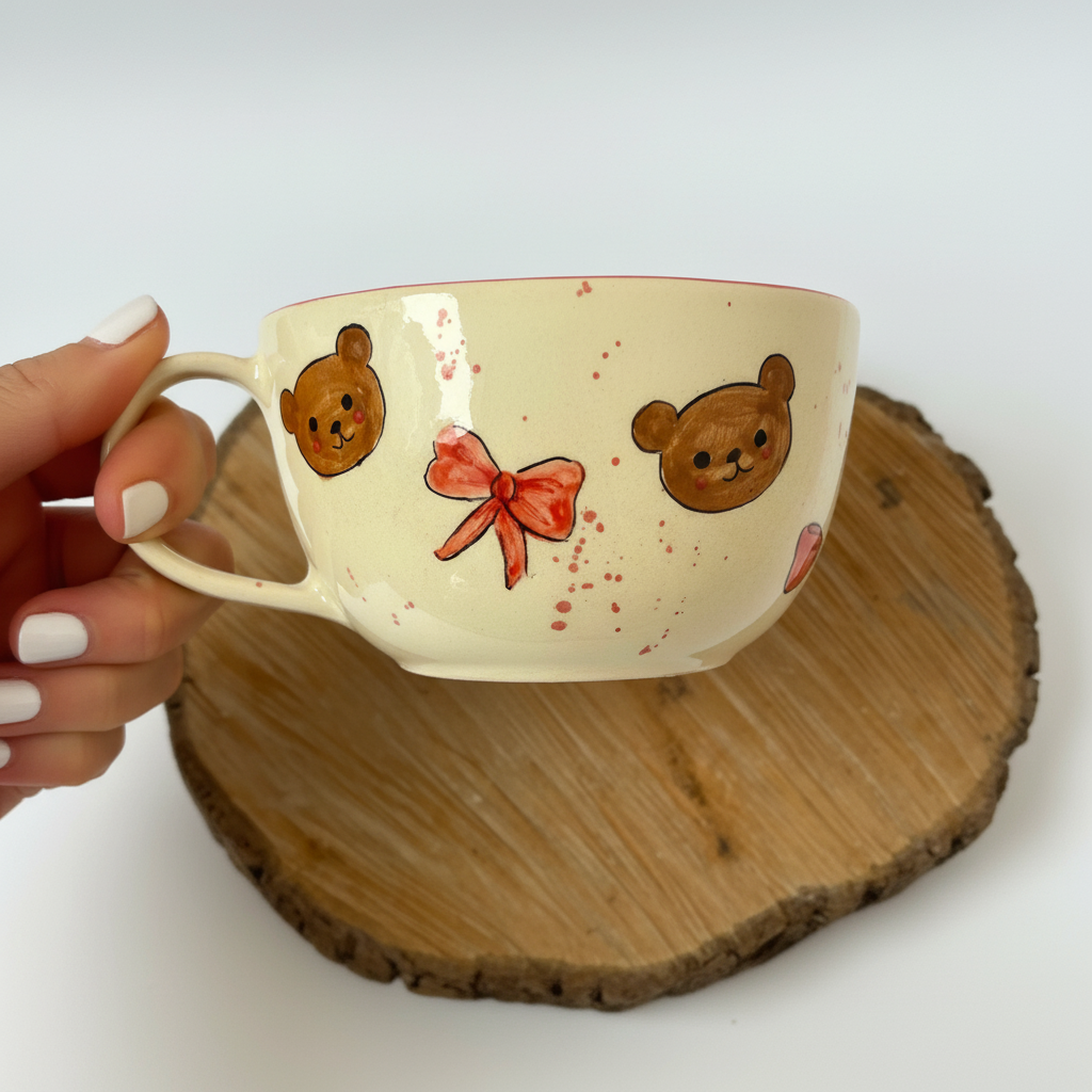 Handmade Ceramic Teddy Bear Bow Coffee Mug
