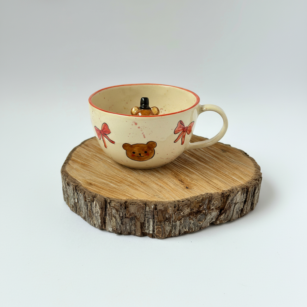 Handmade Ceramic Teddy Bear Bow Coffee Mug