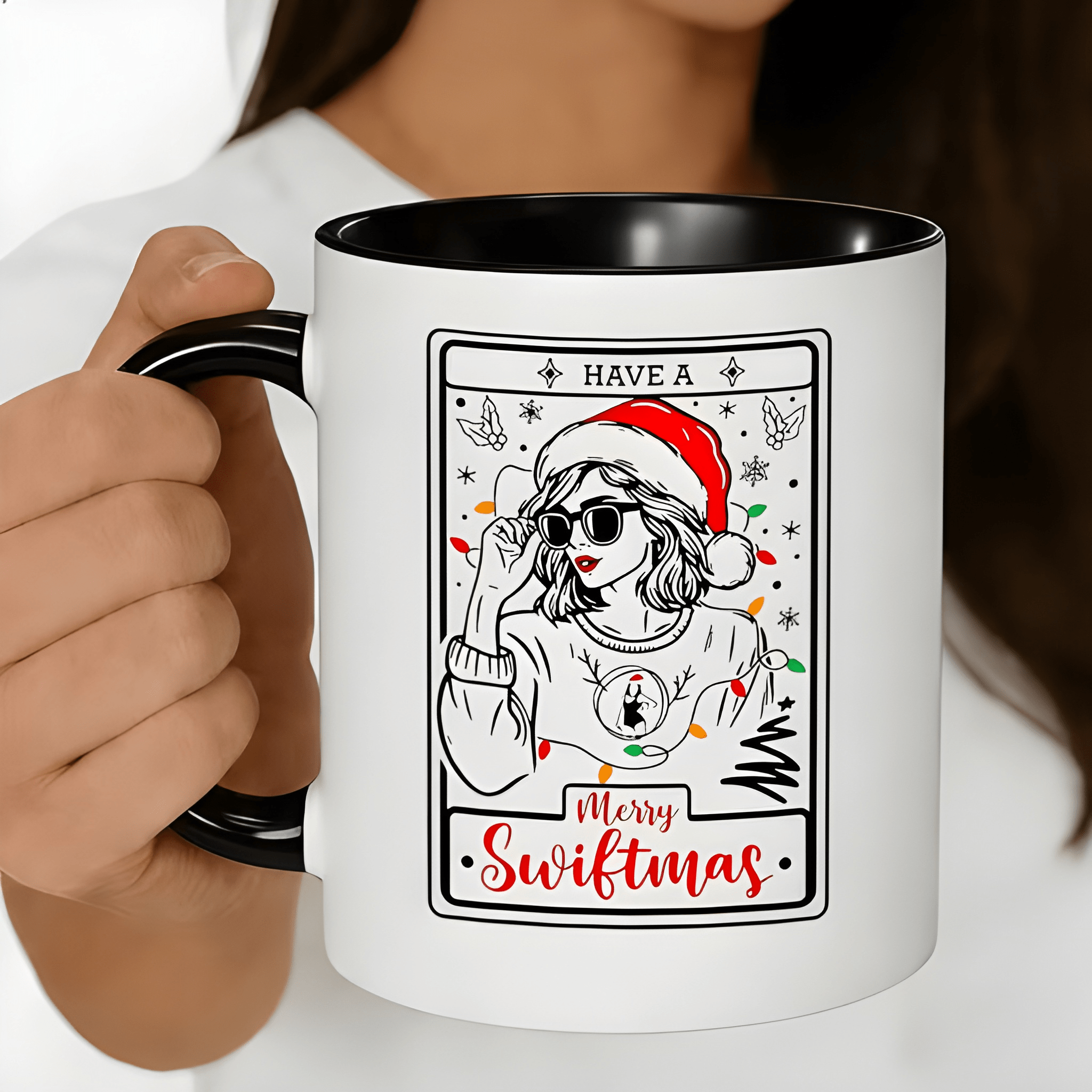 11oz Merry Swiftmas Ceramic Coffee Mug with Red Santa Hat Festive Lights Design