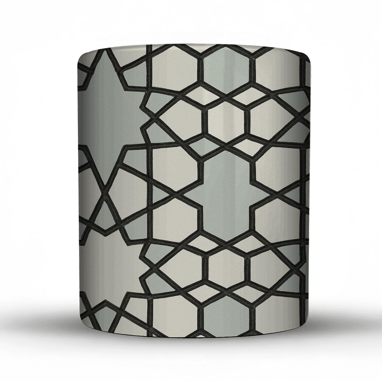 Monochrome Interlaced Tessellation travel mugs with handles