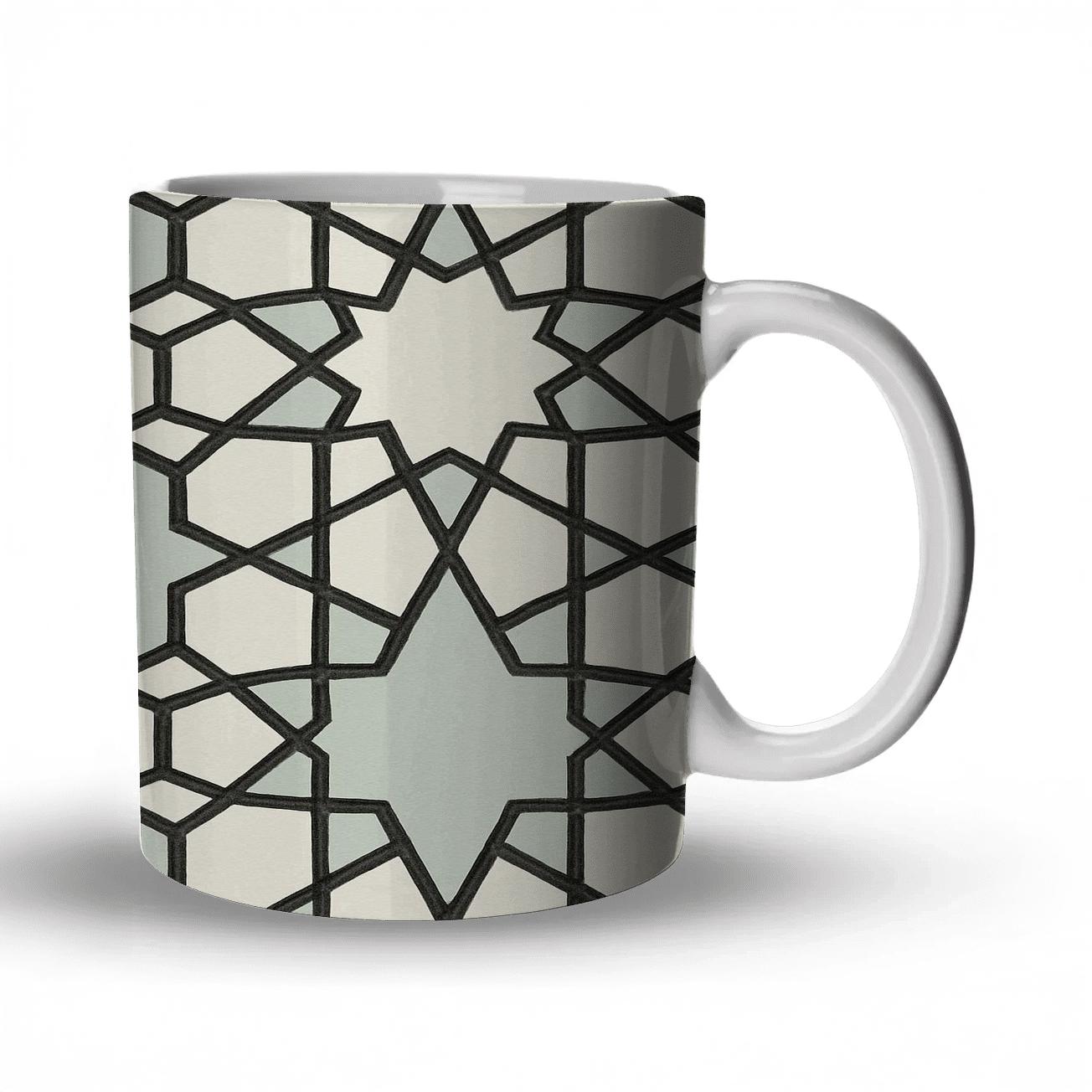 Monochrome Interlaced Tessellation travel mugs with handles