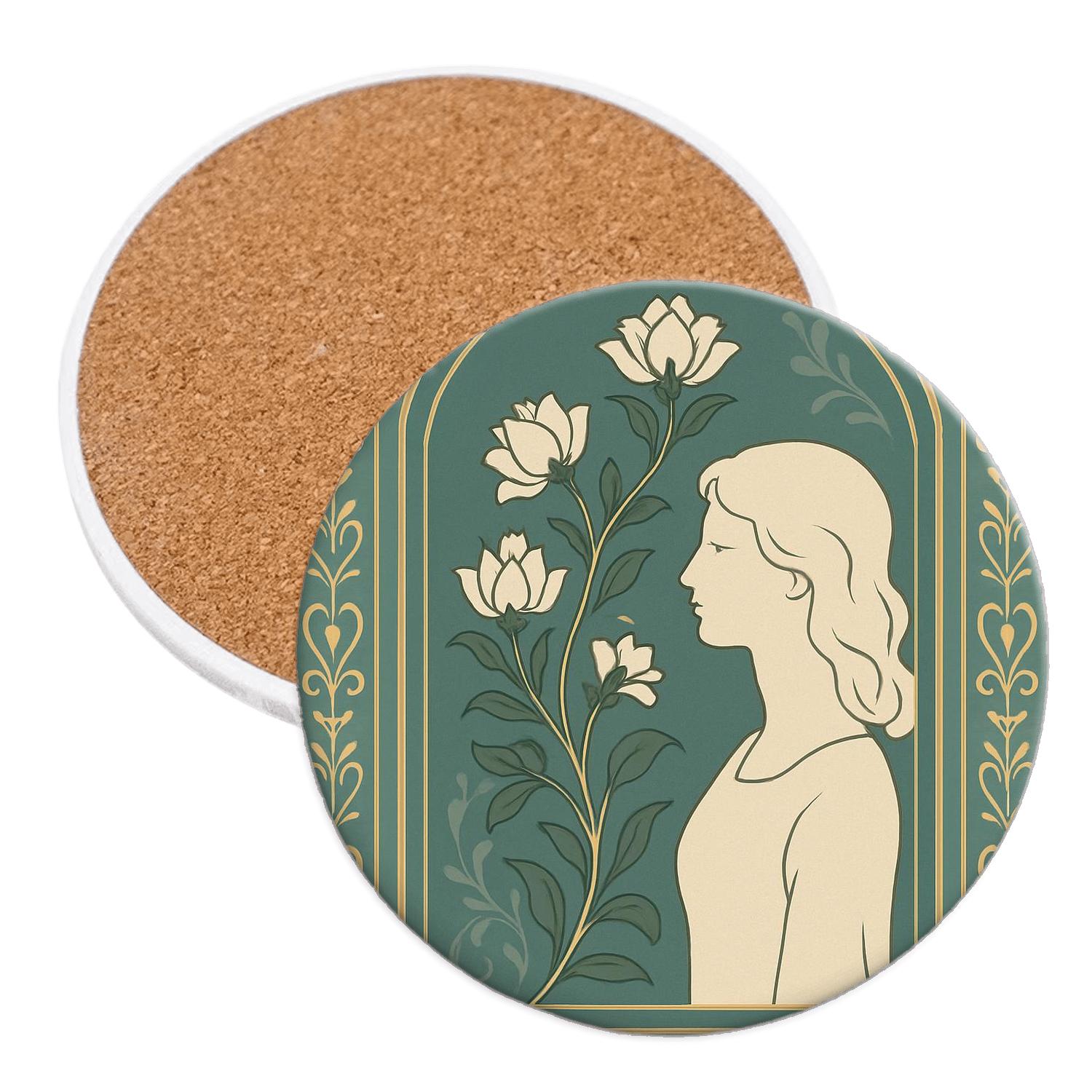 Art Nouveau Floral Panel cork coaster sets