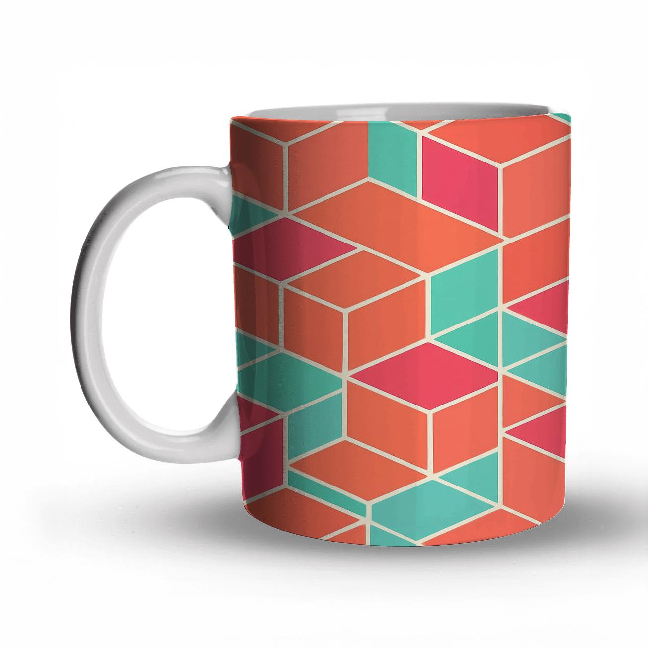Geometric Pattern With Bold Bright Coral Grid travel mugs with handles