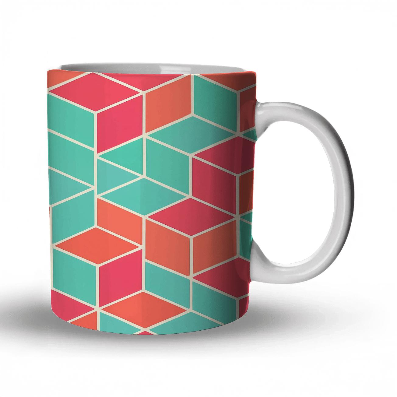 Geometric Pattern With Bold Bright Coral Grid travel mugs with handles