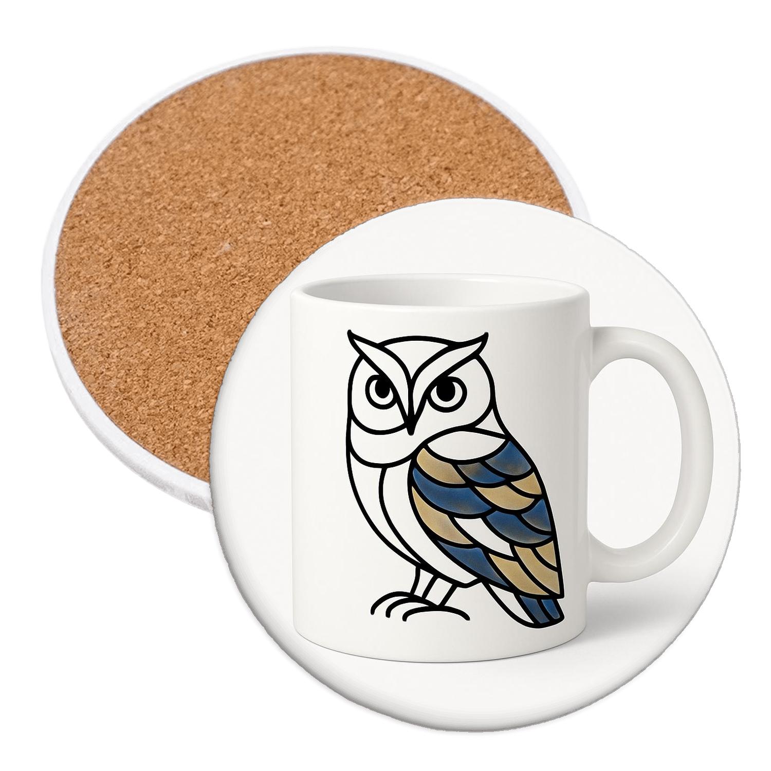 Rinpa Owl Kintsugi Linework Mug Wrap wooden table coasters