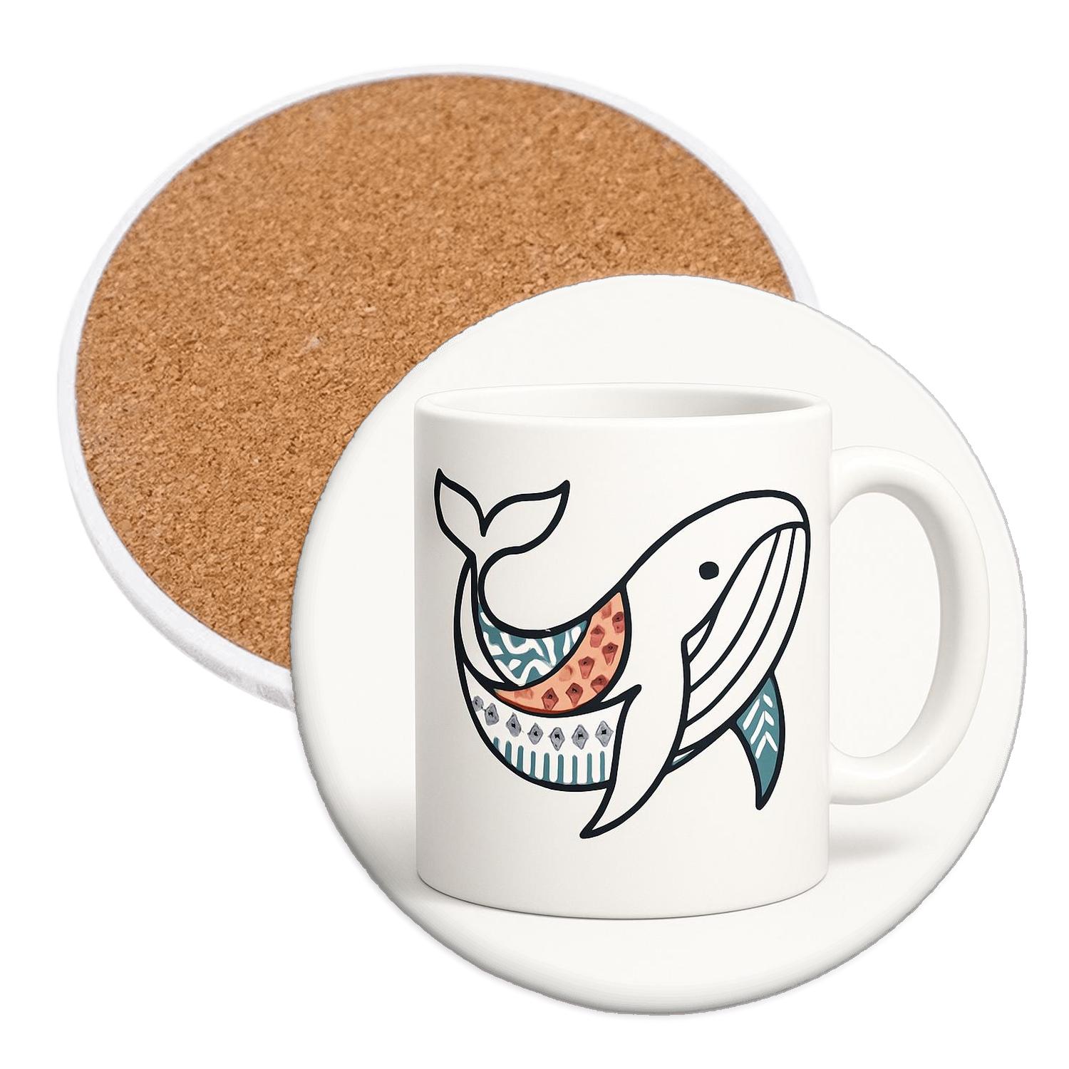 Nordic Whale Folk Geometry Mug Wrap cork coaster sets