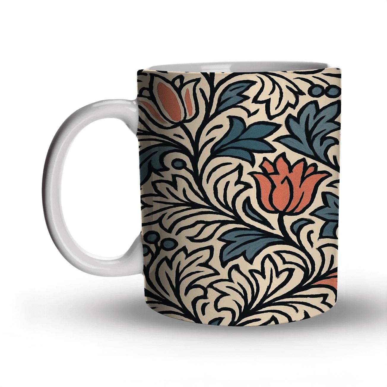 Arts And Crafts Blockprint Vines And Heraldic Tulips ceramic coffee mugs
