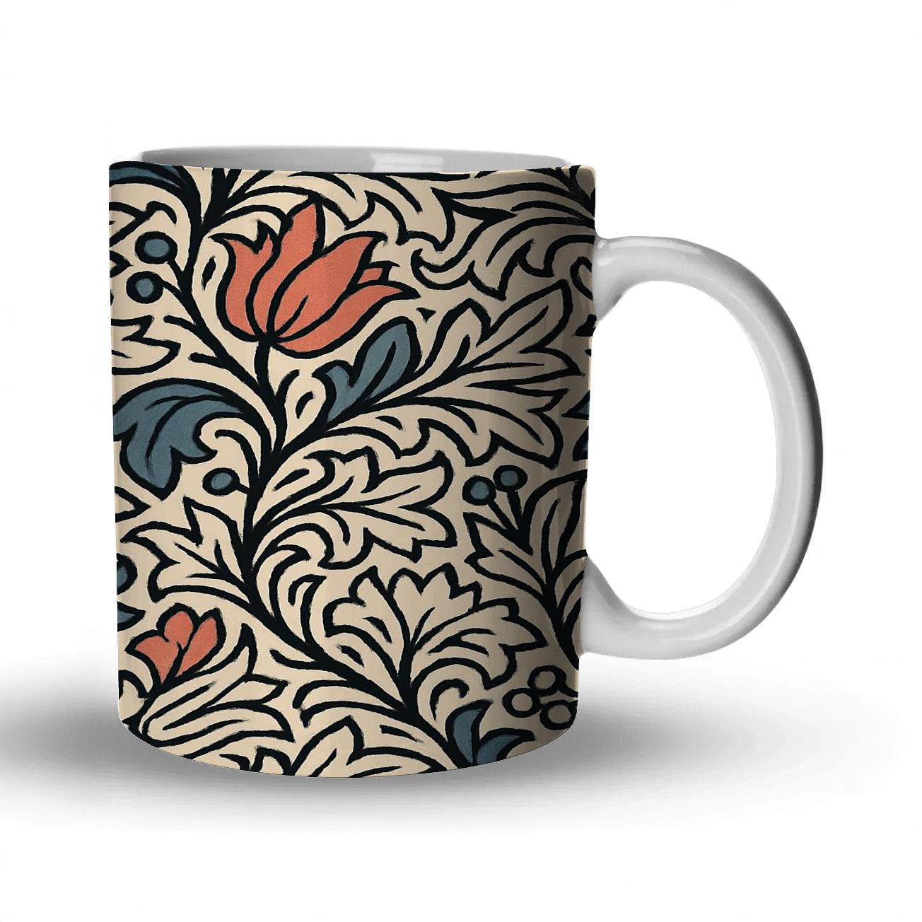 Arts And Crafts Blockprint Vines And Heraldic Tulips ceramic coffee mugs