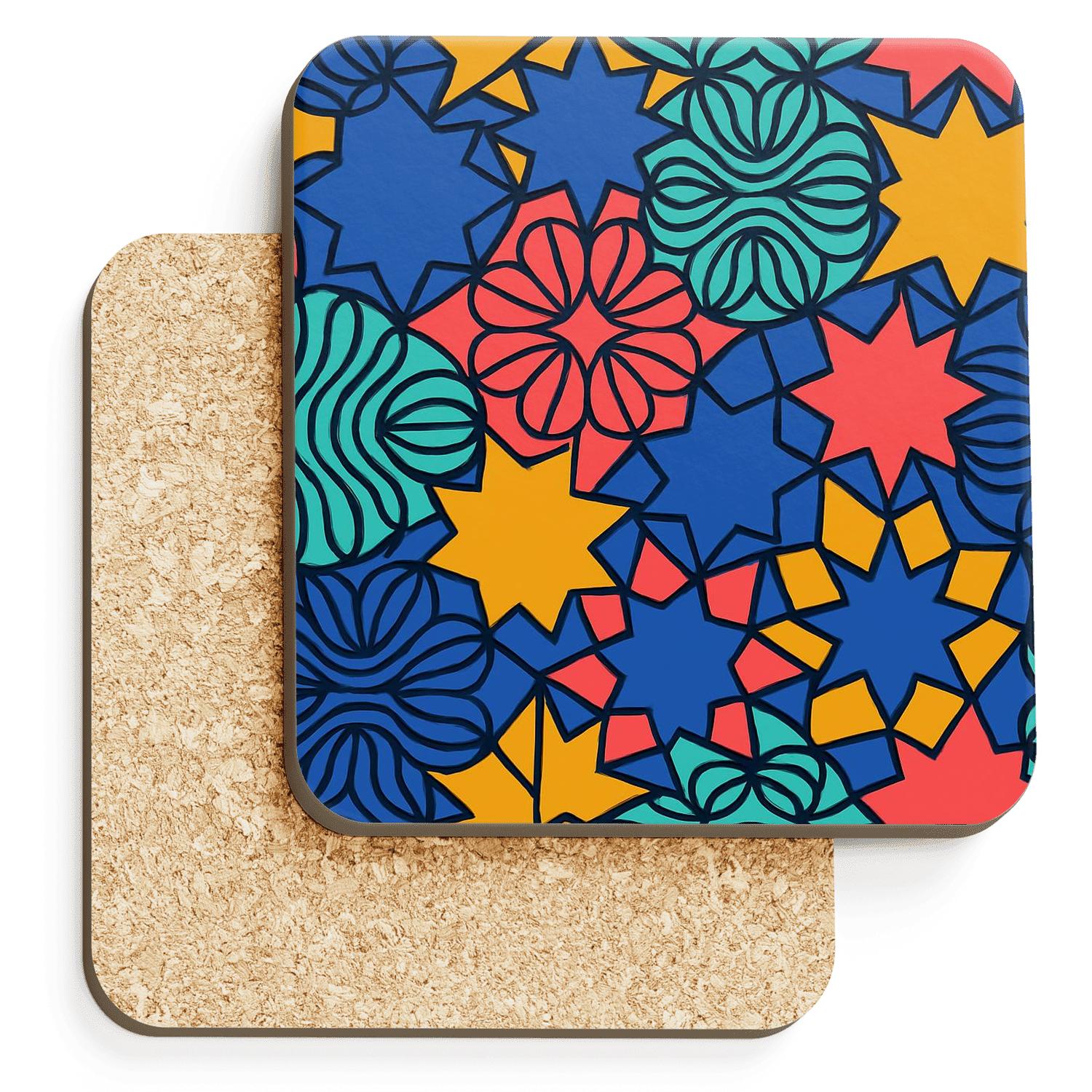 Neo Islamic Op Tessellation Pop Bloom cork coaster sets
