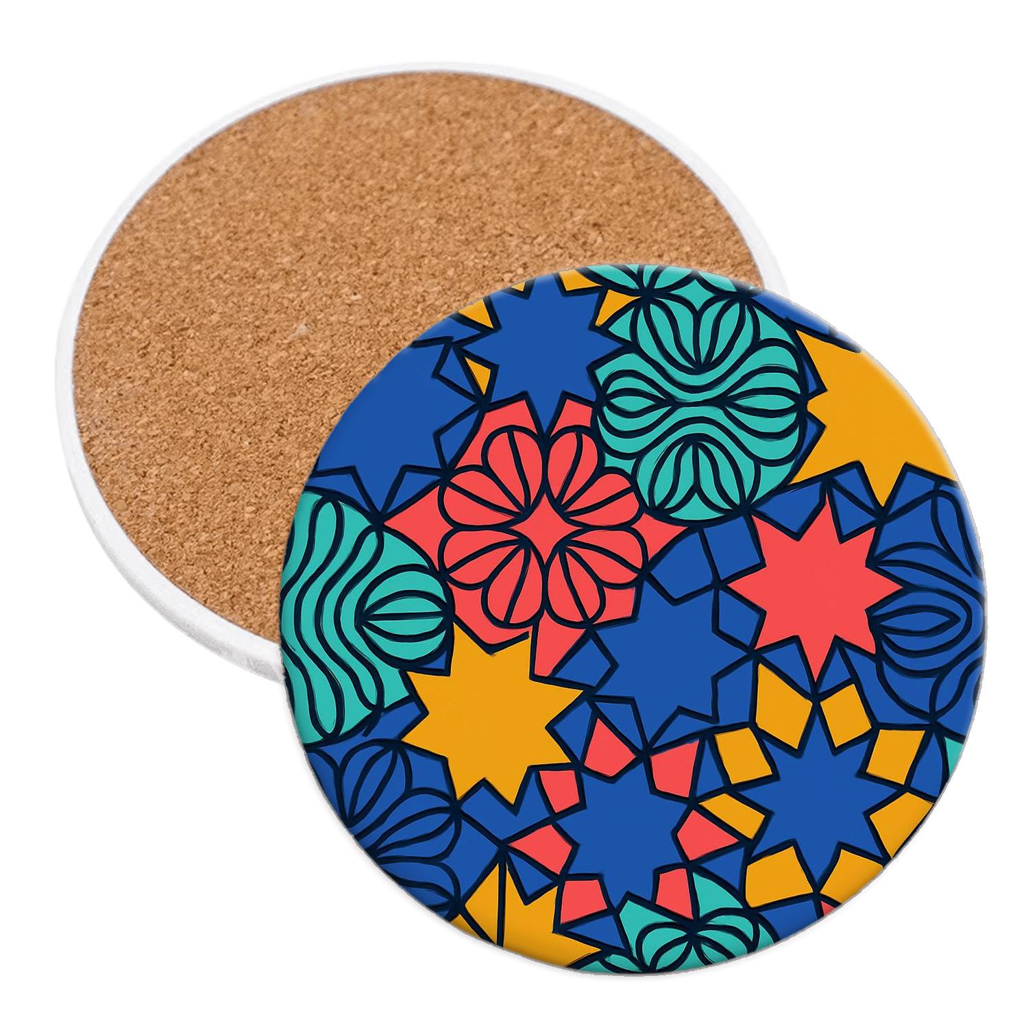 Neo Islamic Op Tessellation Pop Bloom cork coaster sets