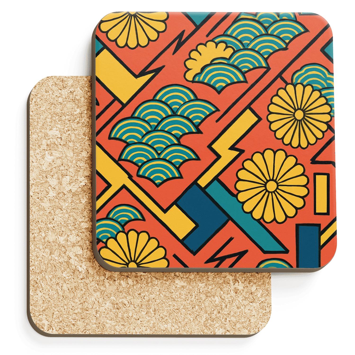 Ukiyoe Pop Florals With De Stijl Lightning Lines coasters for home decor