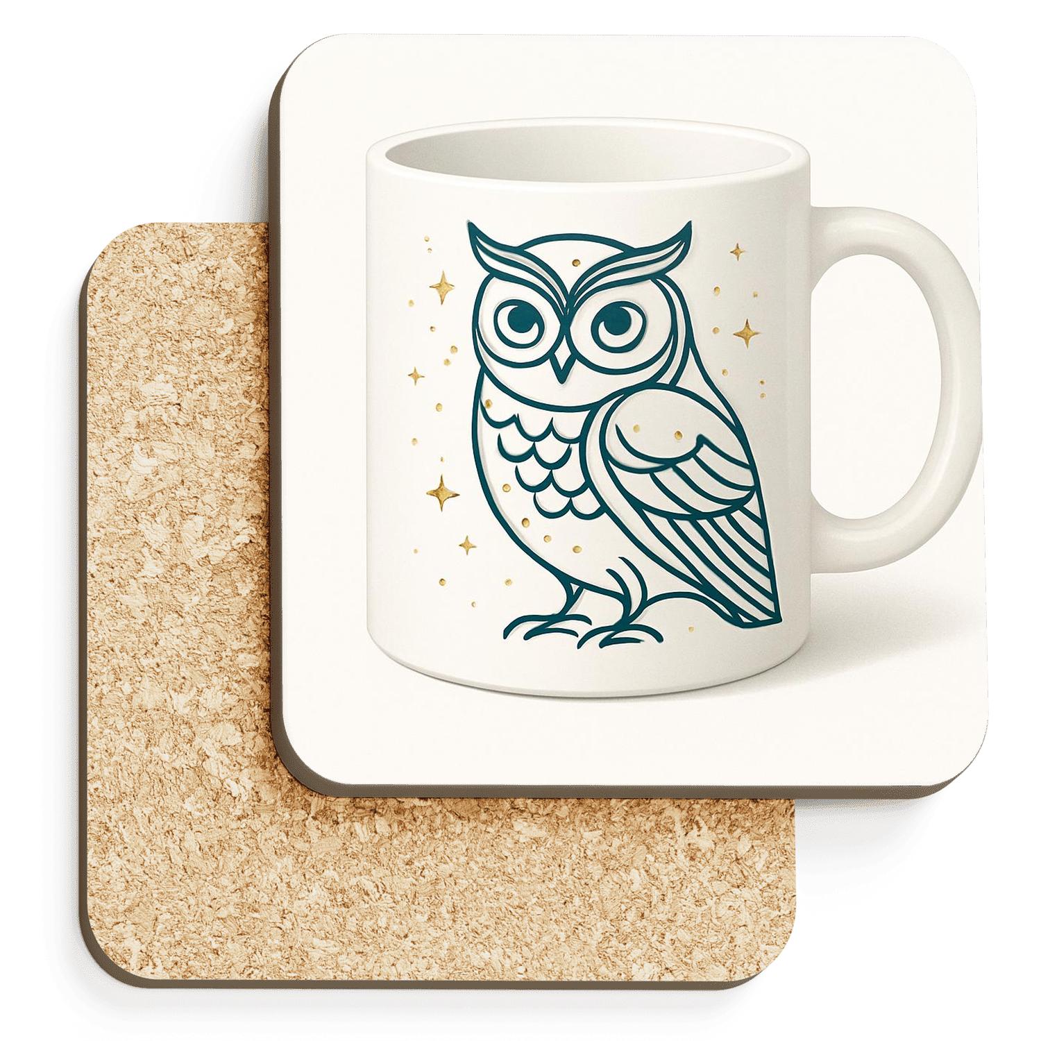 Orbiting Owl Art Nouveau Line Pattern Mug wooden table coasters