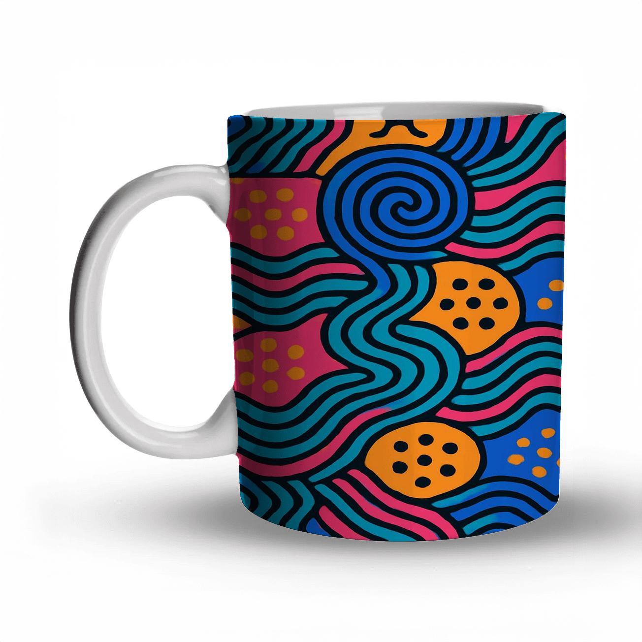 Ultramarine Indigo Adire Op Art Waves travel mugs with handles