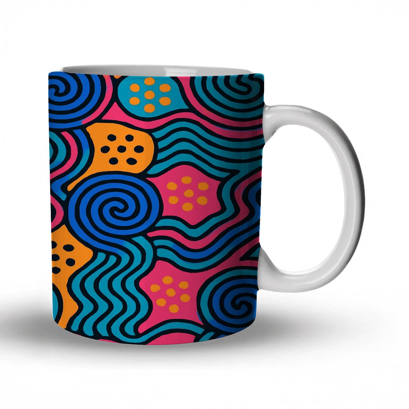 Ultramarine Indigo Adire Op Art Waves travel mugs with handles