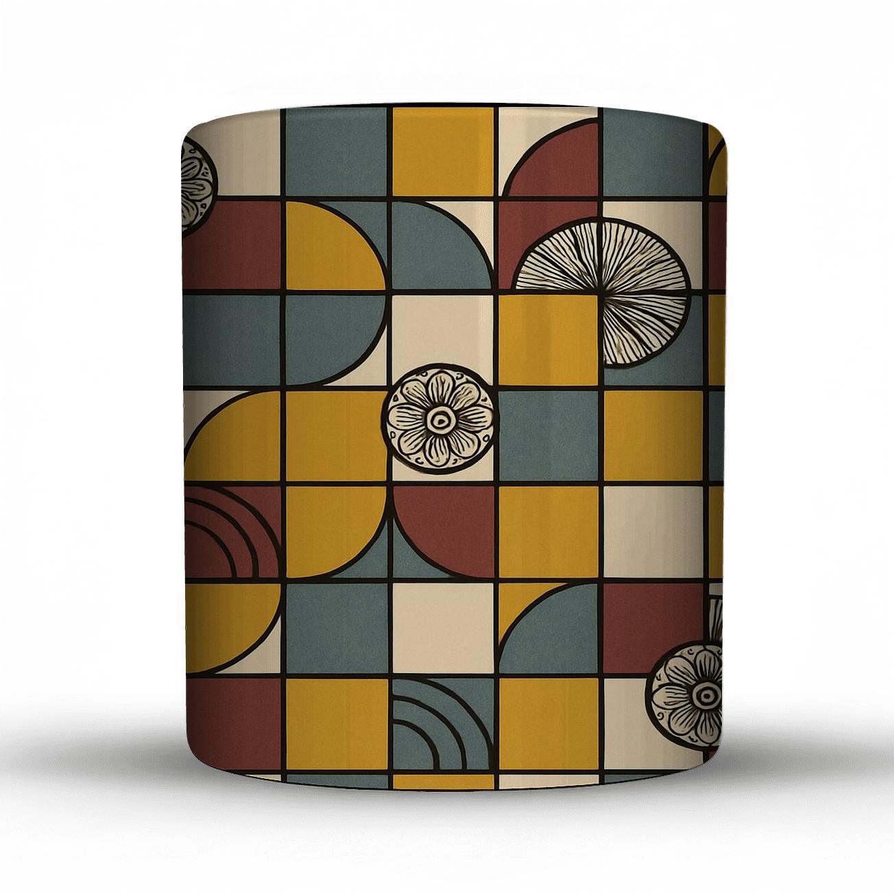 Bauhaus Weimar Weave Grid With Deco Rosette Linework travel mugs with handles