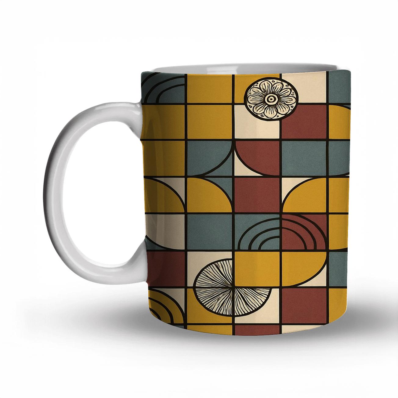 Bauhaus Weimar Weave Grid With Deco Rosette Linework travel mugs with handles