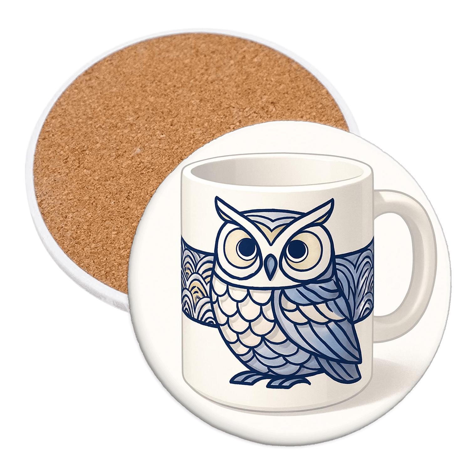 Indigo Owl Ukiyoe Minimal Line Pattern absorbent drink coasters