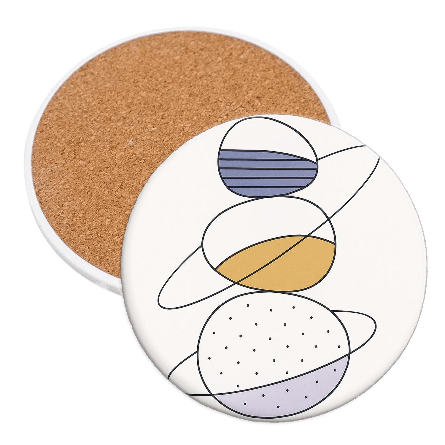 Geometric Orbit Stones With Indigo And Mustard Pattern Panels elegant tabletop coasters