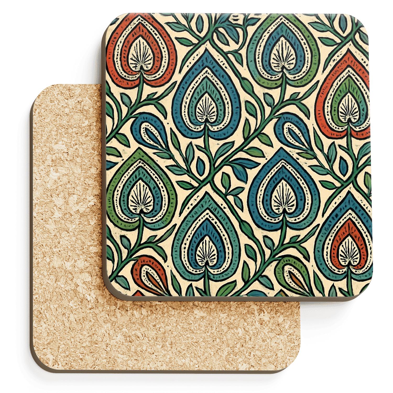 Arts And Crafts Paisley Vine Blockprint Lattice personalized drink coasters