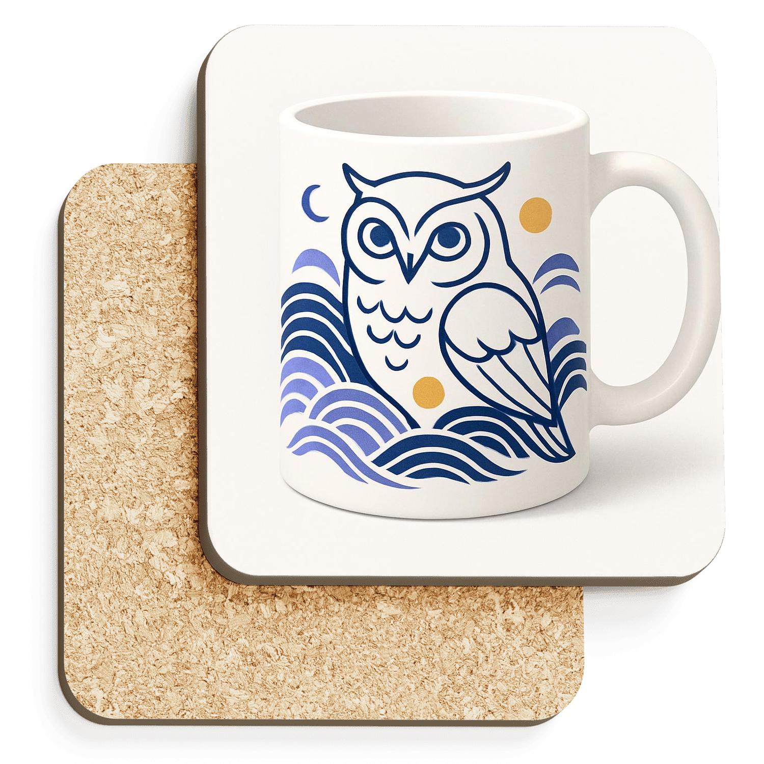 Japanese Rinpa Owl Wave Pattern Line Art Mug wooden table coasters