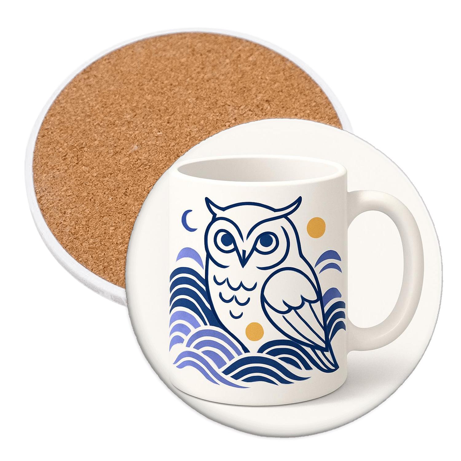 Japanese Rinpa Owl Wave Pattern Line Art Mug custom engraved coasters