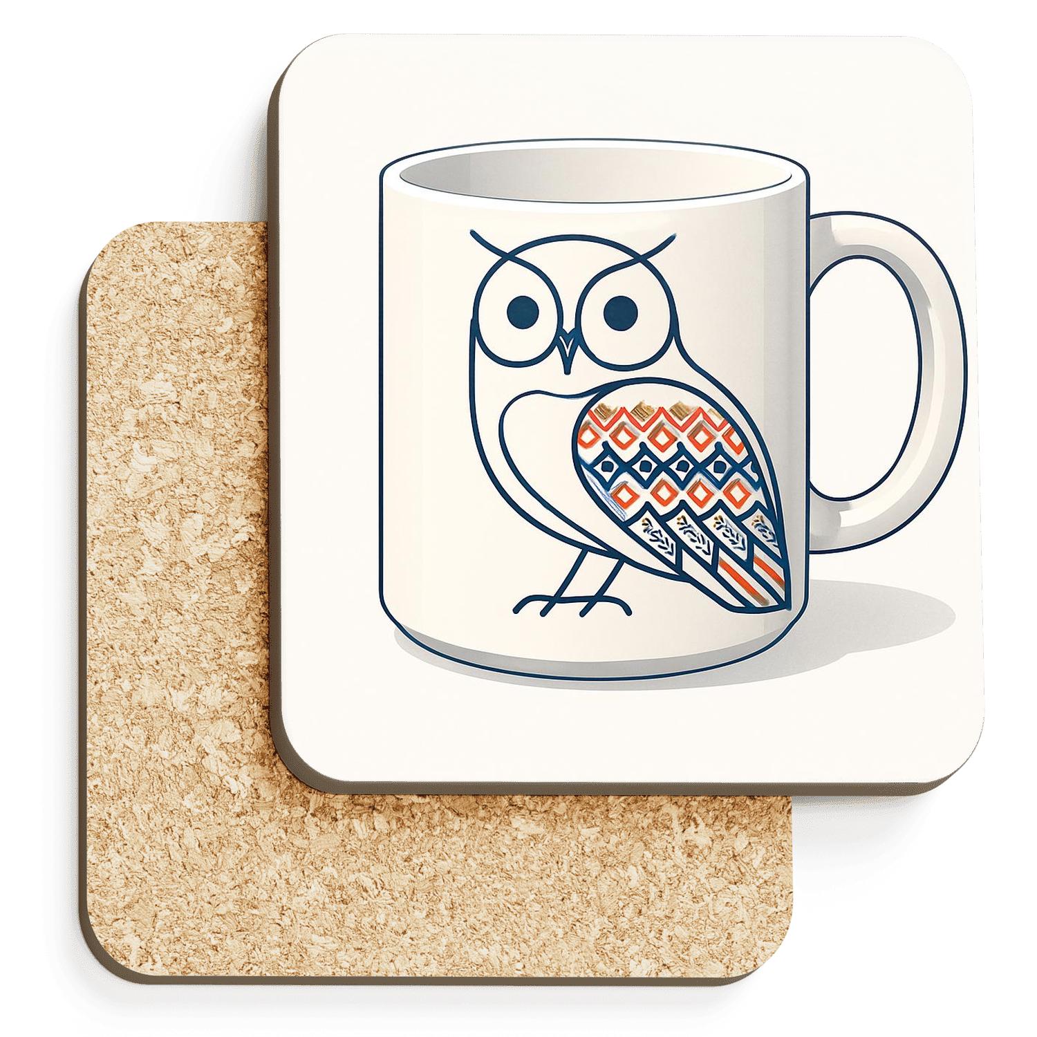 Ainu Bauhaus Owl Line Art Mug Pattern wooden table coasters