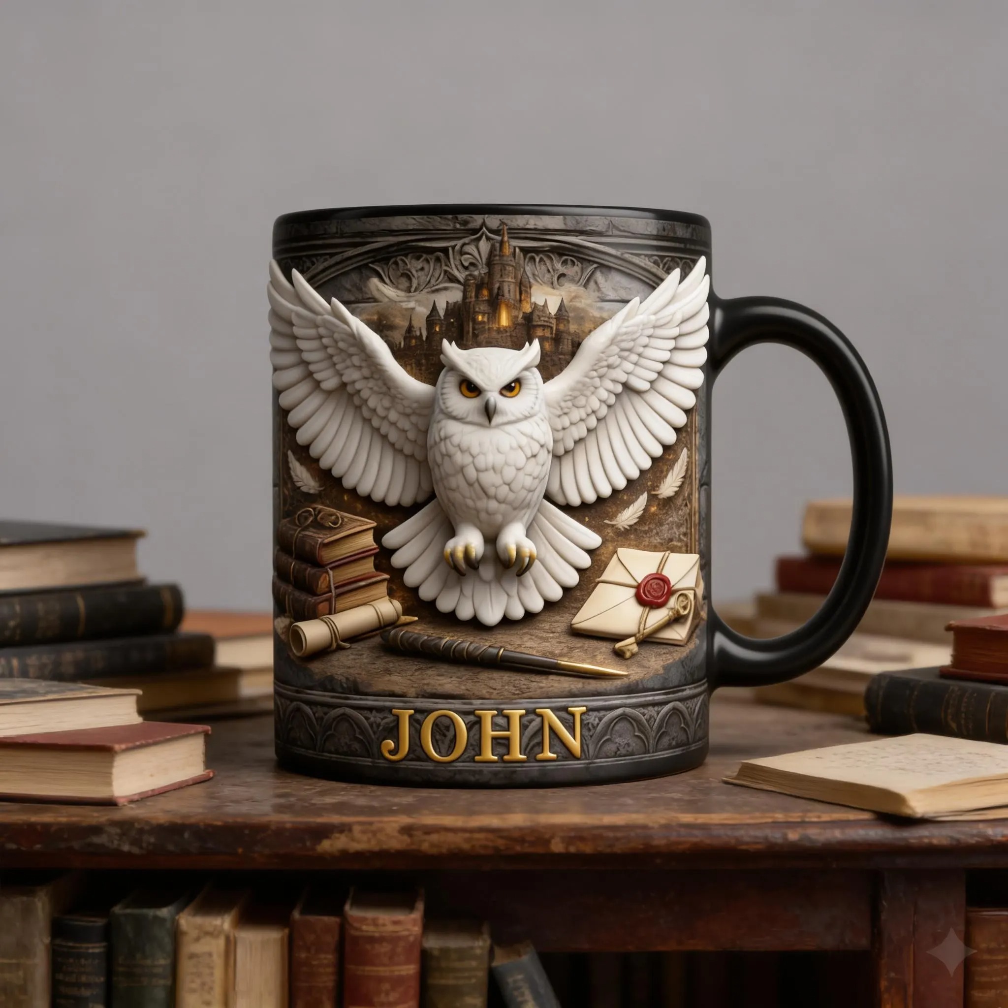 Personalized Owl Coffee Mug, Magical Castle Theme, Wizard Gift