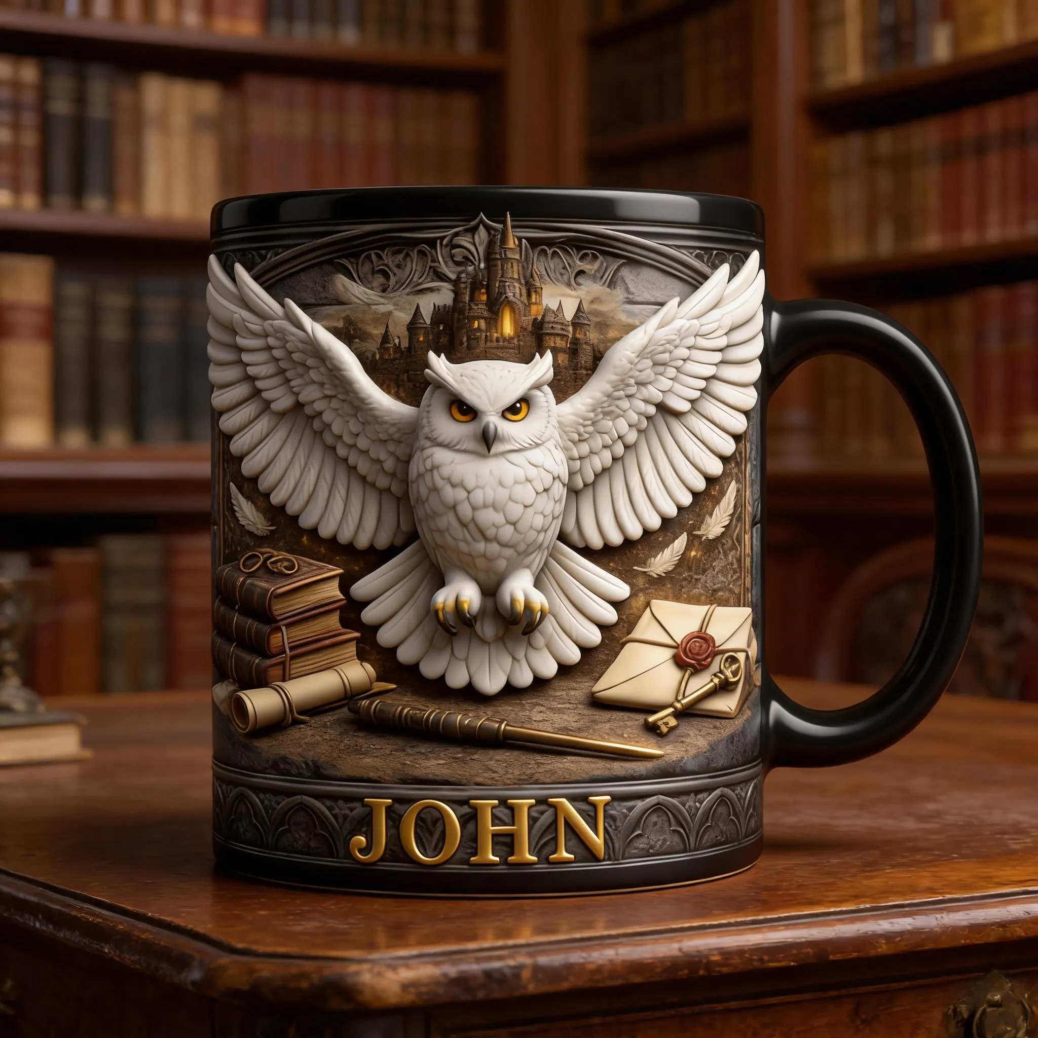 Personalized Owl Coffee Mug, Magical Castle Theme, Wizard Gift