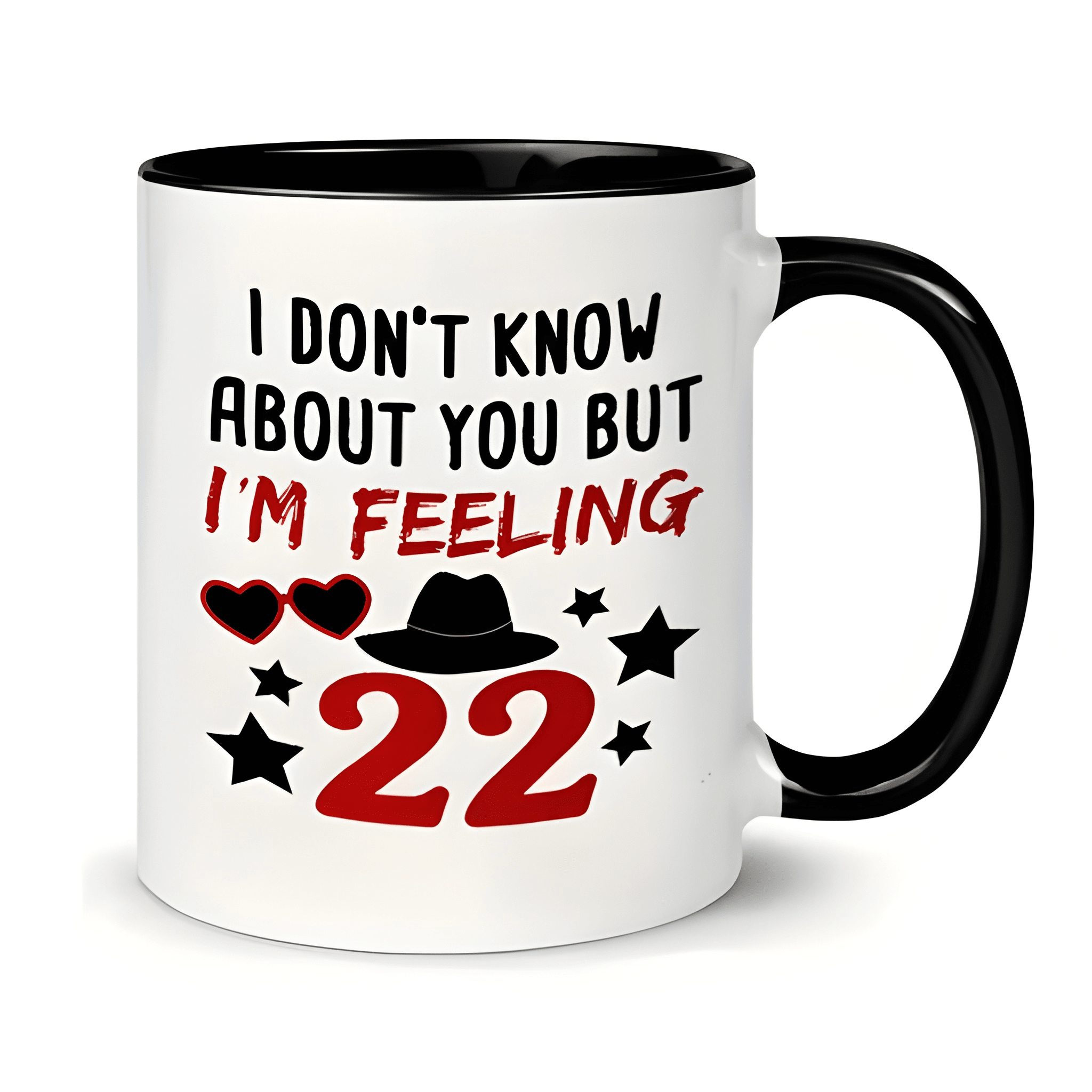 Swift Inspired 22 Design Ceramic Mug- Black& White with Red Hearts& Stars, Glossy Finish, High-Quality Durable Coffee Cup for Fans, Playful "I Don't Know About You But I'm Feeling" Quote, Everyday Use, Fan Merchandise, Home Use, Heart Pattern, Smooth