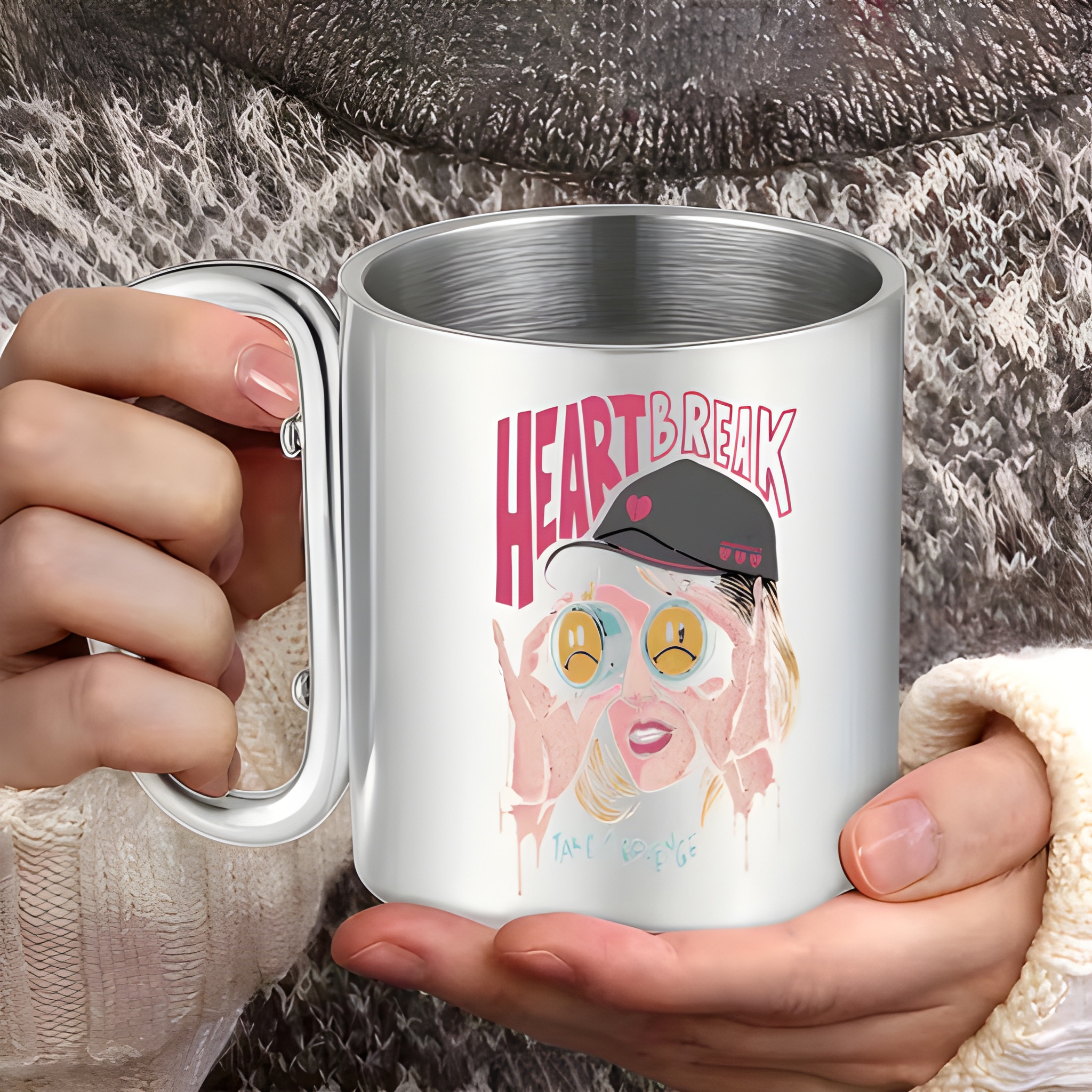 1pc 10oz Insulated Stainless Steel Coffee Mug with Handle - Double-Wall Leak-Proof Travel Cup, Durable for Hot/Cold Drinks, TS-Inspired "Heart Break Song" Lyrics & Album Art Design (Reproduction) - Compatible with Swifties