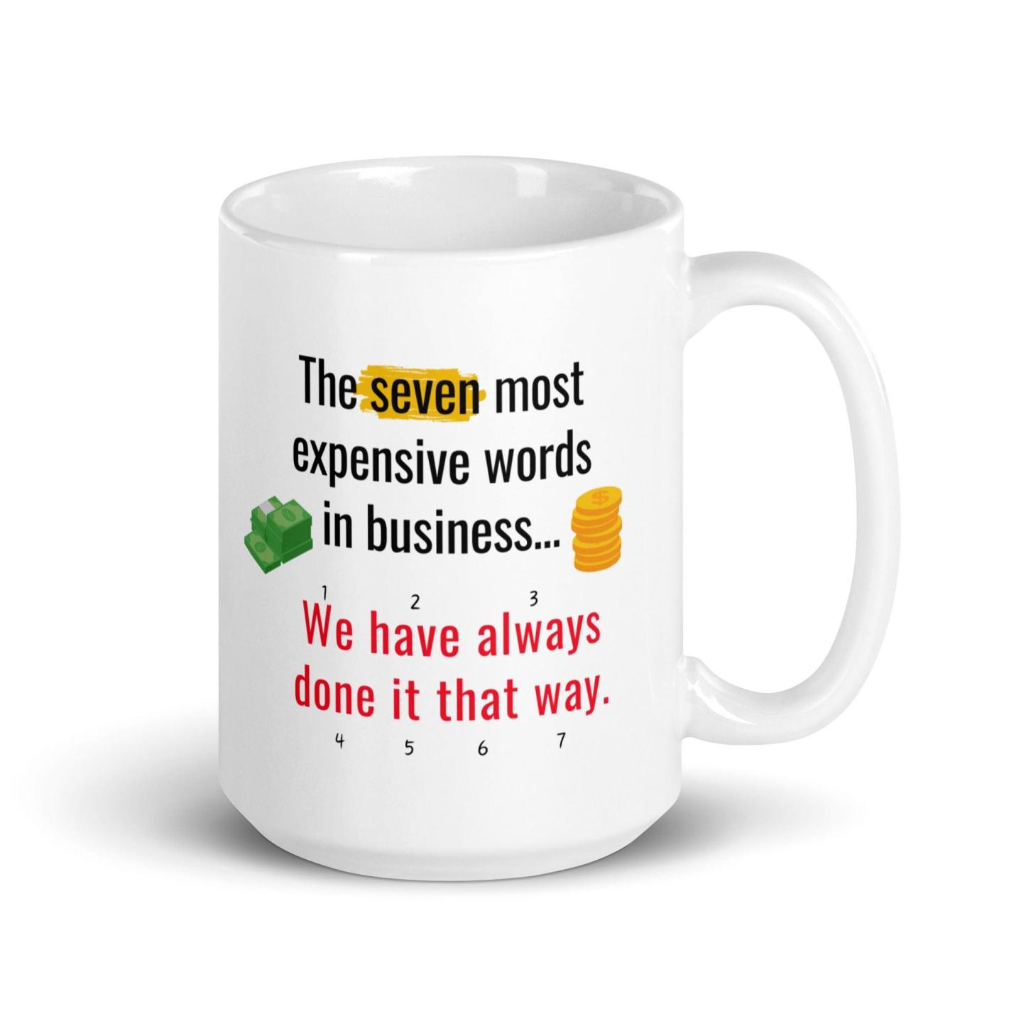 The Seven Most Expensive Words In Business Mug - Inspire Cups