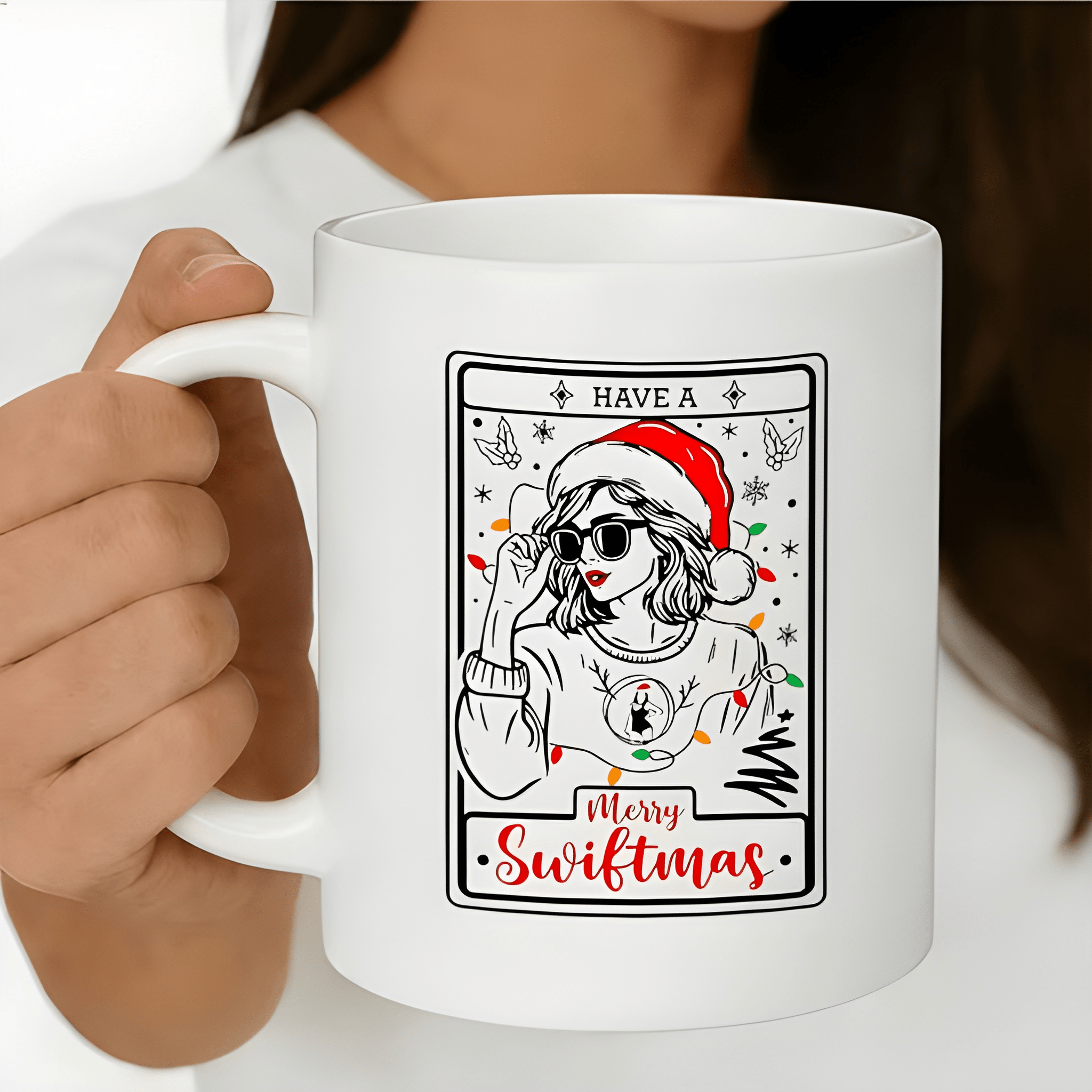 11oz Merry Swiftmas Ceramic Coffee Mug with Red Santa Hat Festive Lights Design