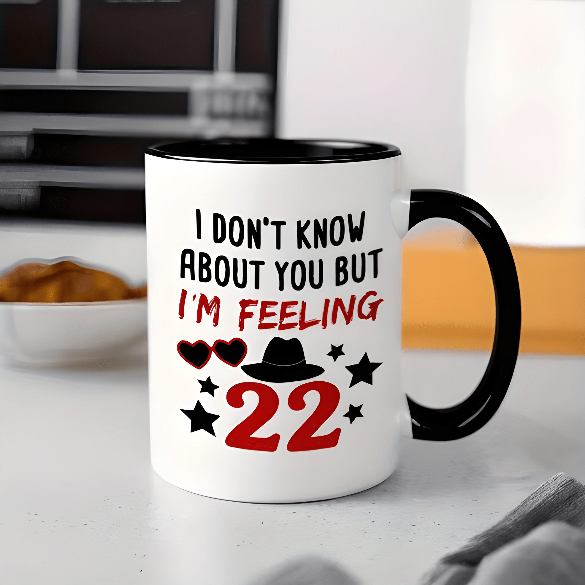 Swift Inspired 22 Design Ceramic Mug- Black& White with Red Hearts& Stars, Glossy Finish, High-Quality Durable Coffee Cup for Fans, Playful "I Don't Know About You But I'm Feeling" Quote, Everyday Use, Fan Merchandise, Home Use, Heart Pattern, Smooth