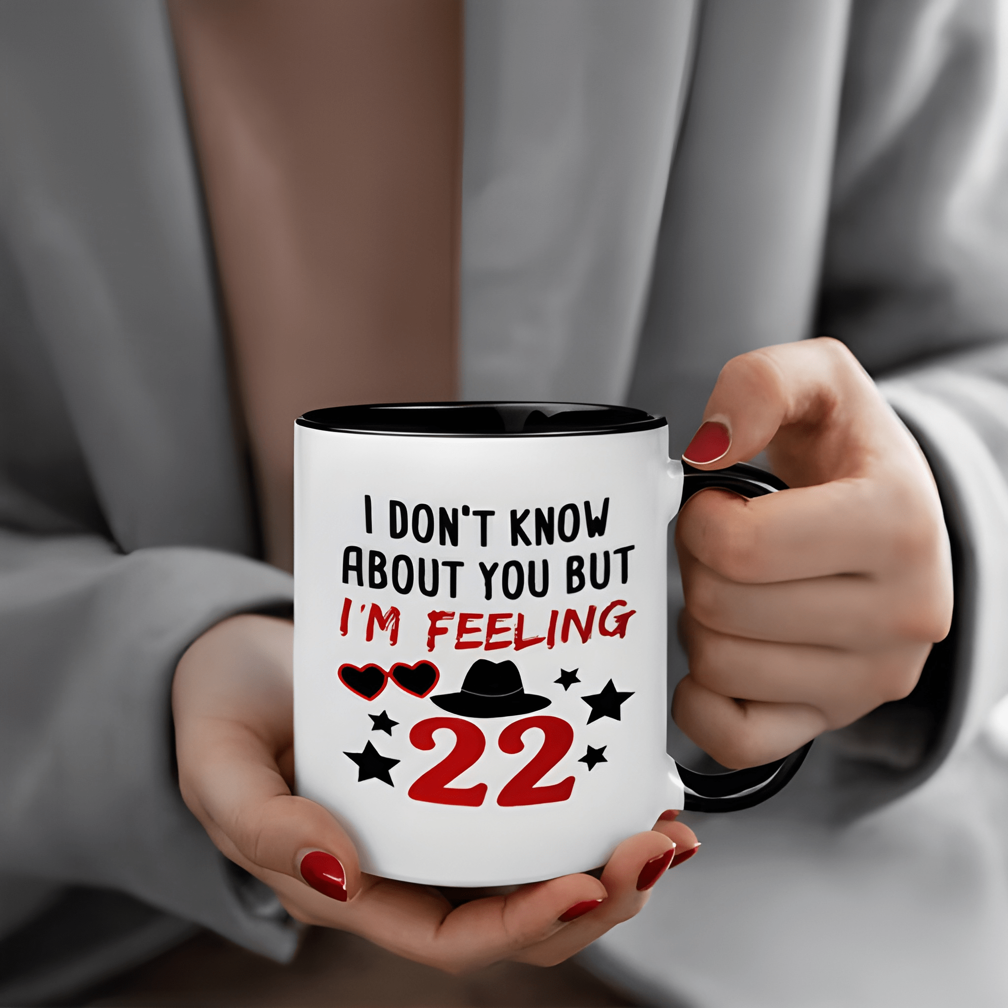 Swift Inspired 22 Design Ceramic Mug- Black& White with Red Hearts& Stars, Glossy Finish, High-Quality Durable Coffee Cup for Fans, Playful "I Don't Know About You But I'm Feeling" Quote, Everyday Use, Fan Merchandise, Home Use, Heart Pattern, Smooth