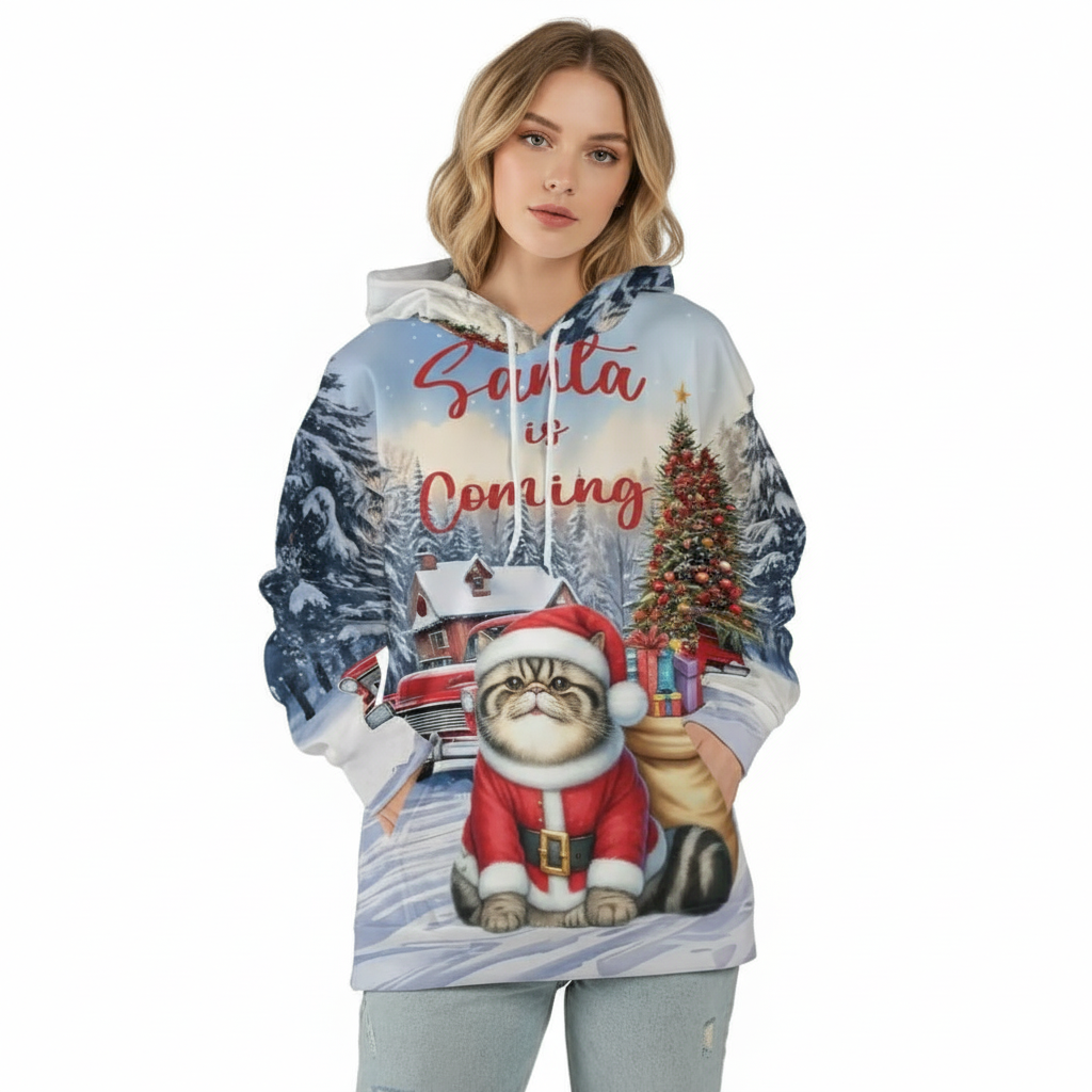 Christmas Santa Cat Truck Tree All Over Print 3D Zip Hoodie