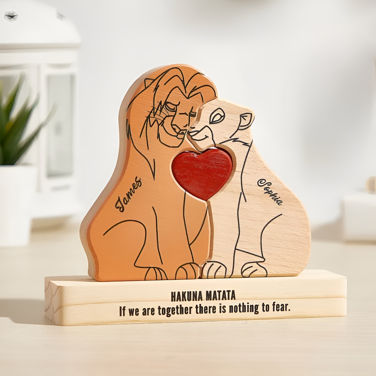 Personalized Wooden Lion Family Puzzle Decor With Name Pieces