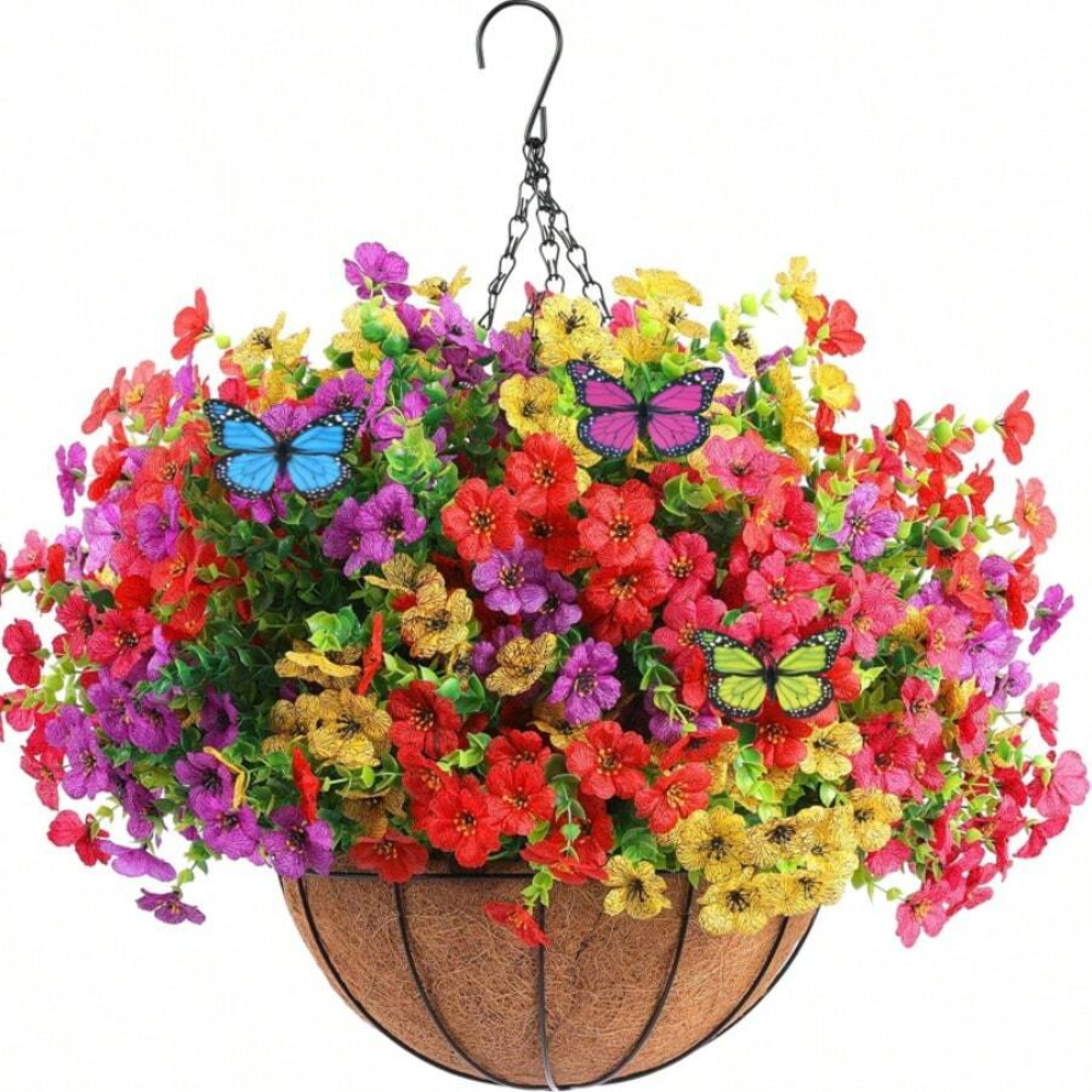 Artificial Hanging Flowers Basket With Coconut Lining And Butterflies For Outdoor Decor