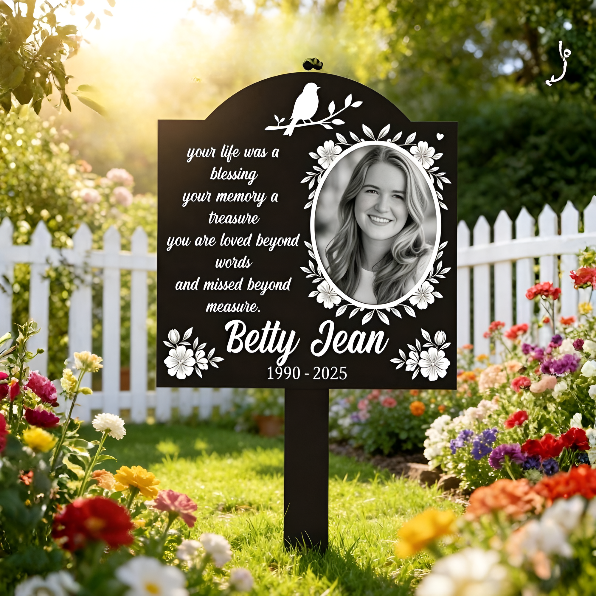1pc Customized Photo & Text Floral Memorial Plaque, Personalized Remembrance Plaque With Poem & Floral