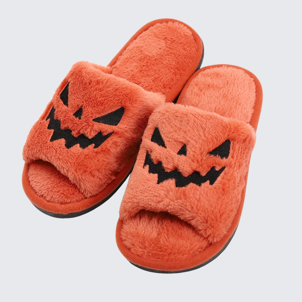 Halloween Pumpkin Plush Slides Cozy Open Toe Indoor Outdoor Slippers