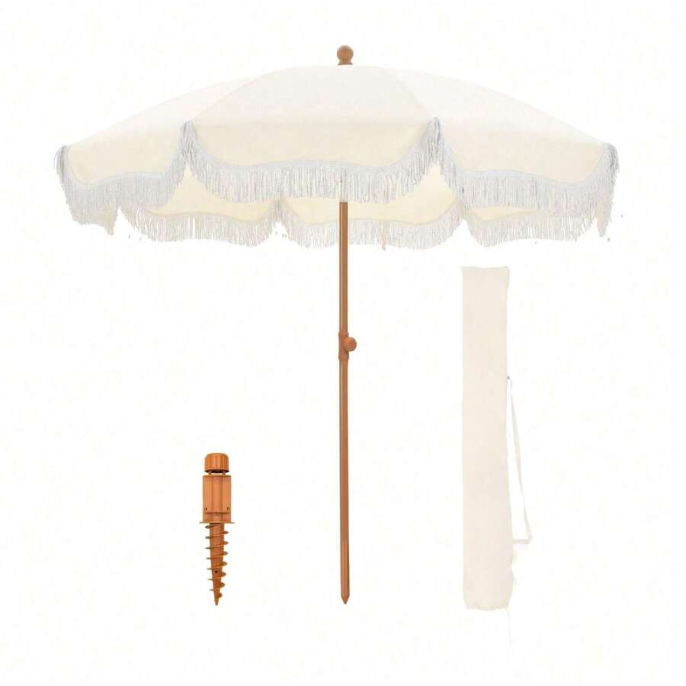 7FT Portable Beach Umbrella With Fringe And Windproof Design