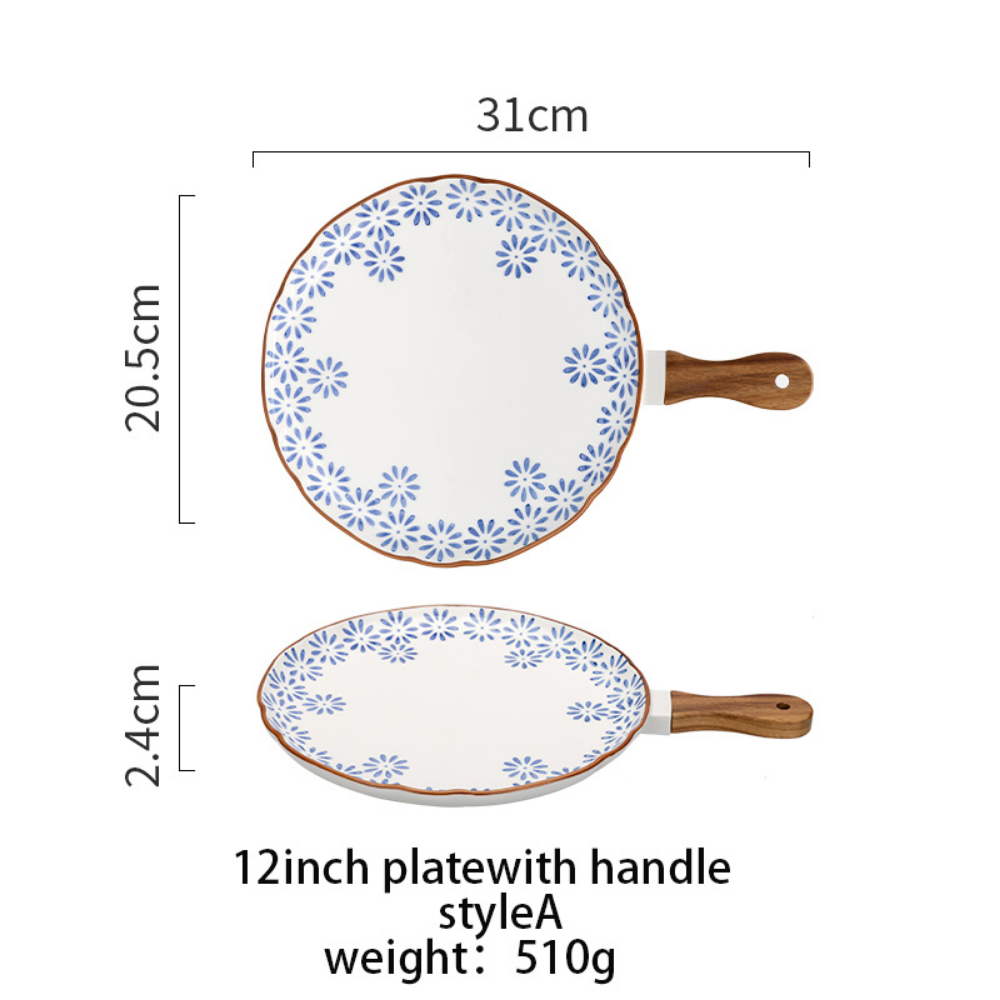 Flower Japanese Dinner Plate With Wooden Handle - Grafton Collection