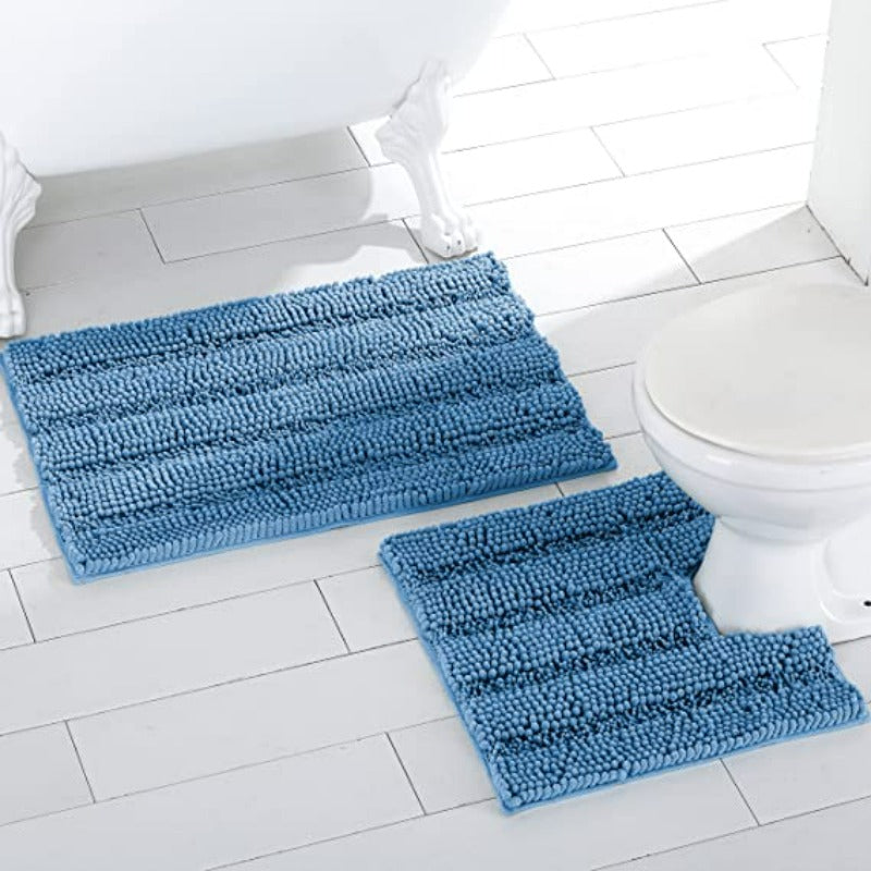 Light Blue Stripe Chenille Microfiber Bath Mat Rug- Ultra Soft Thick Absorbent Non Slip Shaggy Plush Floor Rugs for Bathroom, Machine Washable - Grafton Collection