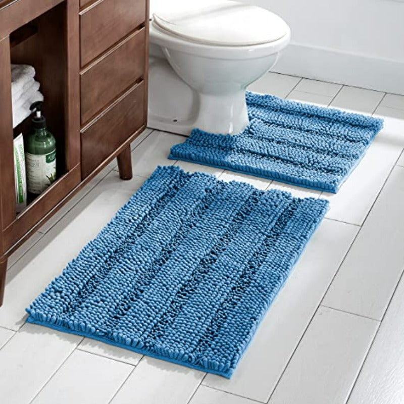 Light Blue Stripe Chenille Microfiber Bath Mat Rug- Ultra Soft Thick Absorbent Non Slip Shaggy Plush Floor Rugs for Bathroom, Machine Washable - Grafton Collection