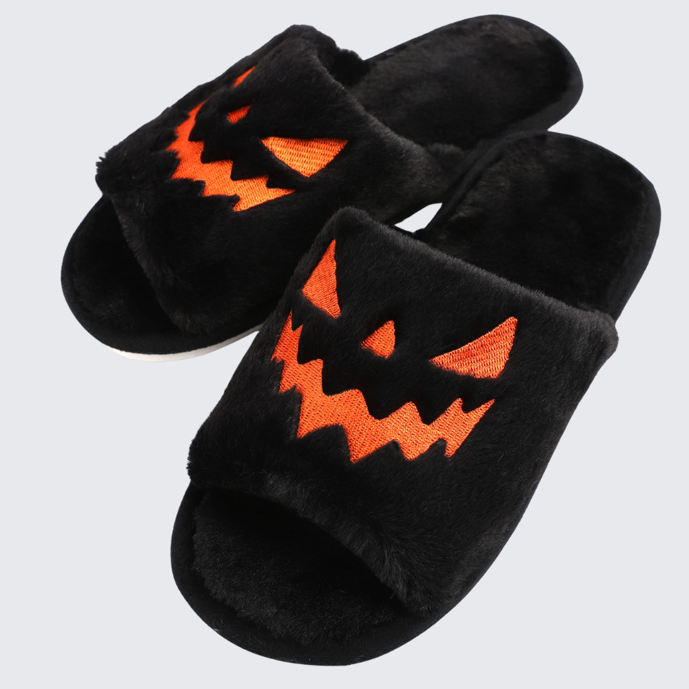 Halloween Pumpkin Plush Slides Cozy Open Toe Indoor Outdoor Slippers
