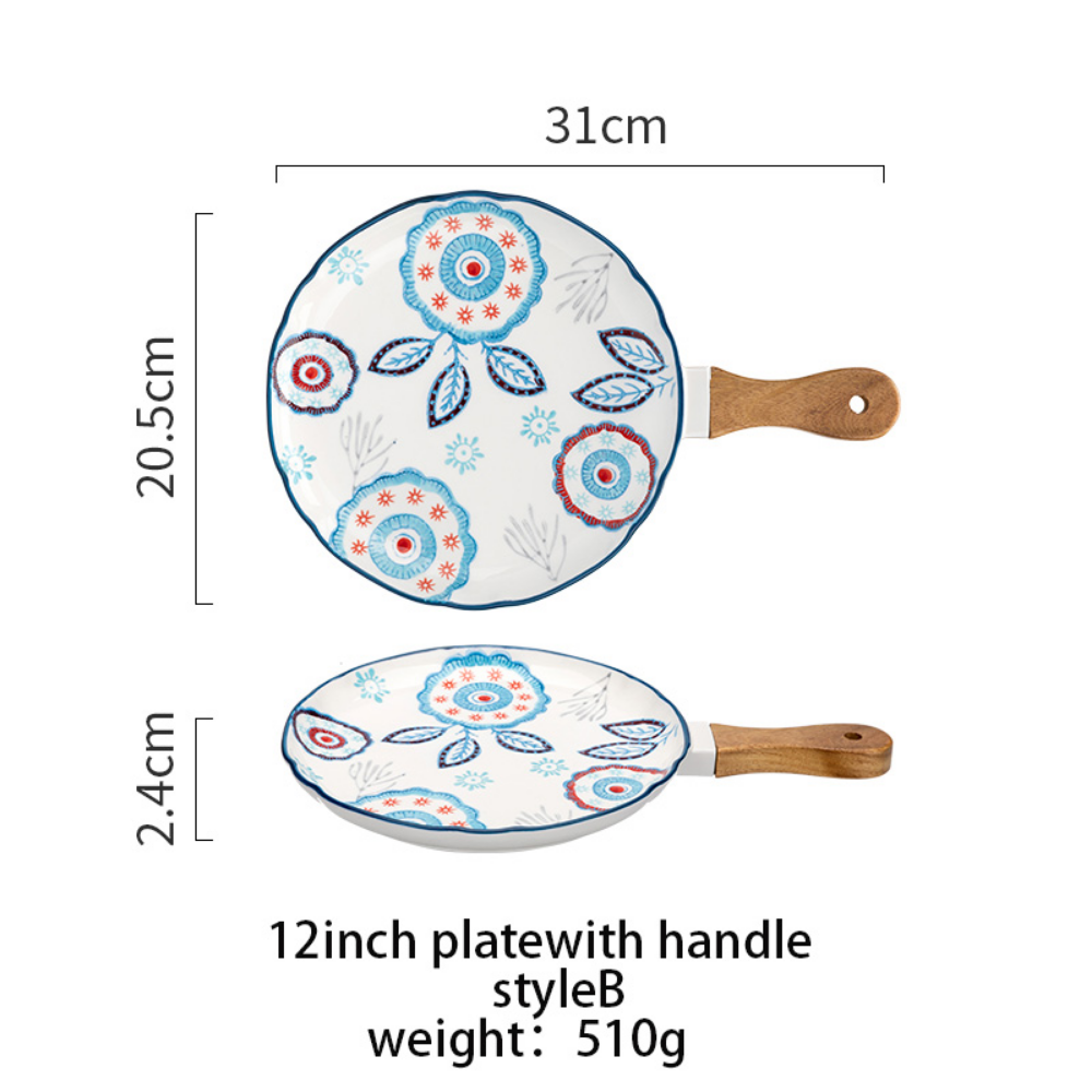 Flower Japanese Dinner Plate With Wooden Handle - Grafton Collection