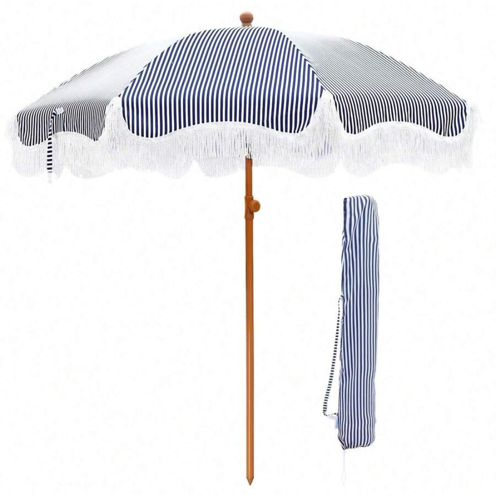 7FT Portable Beach Umbrella With Fringe And Windproof Design