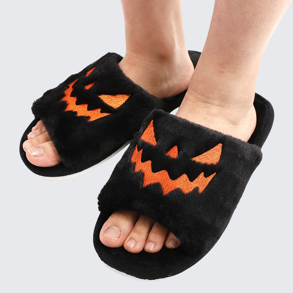 Halloween Pumpkin Plush Slides Cozy Open Toe Indoor Outdoor Slippers